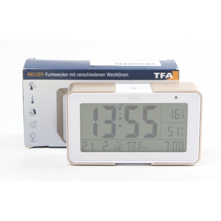 TFA 60.2540.53 Wecker Funkwecker digital 25 Wecktöne Innentemperatur Luftfeuchtigkeit weiß/gold (261640)