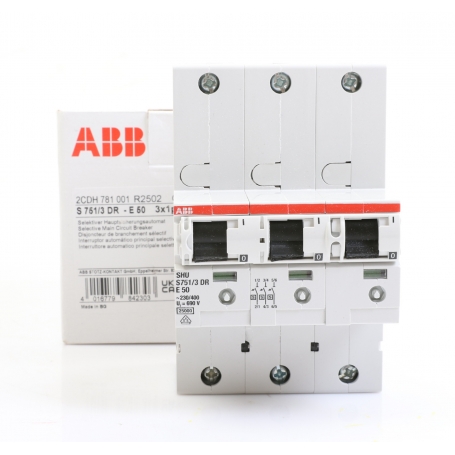 ABB S751/3DR-E 50 selektiver Haupt-Sicherungsautomat, E-Char., 50A, 25 kA, 3x1Polig (2CDH781001R2502) (275488)